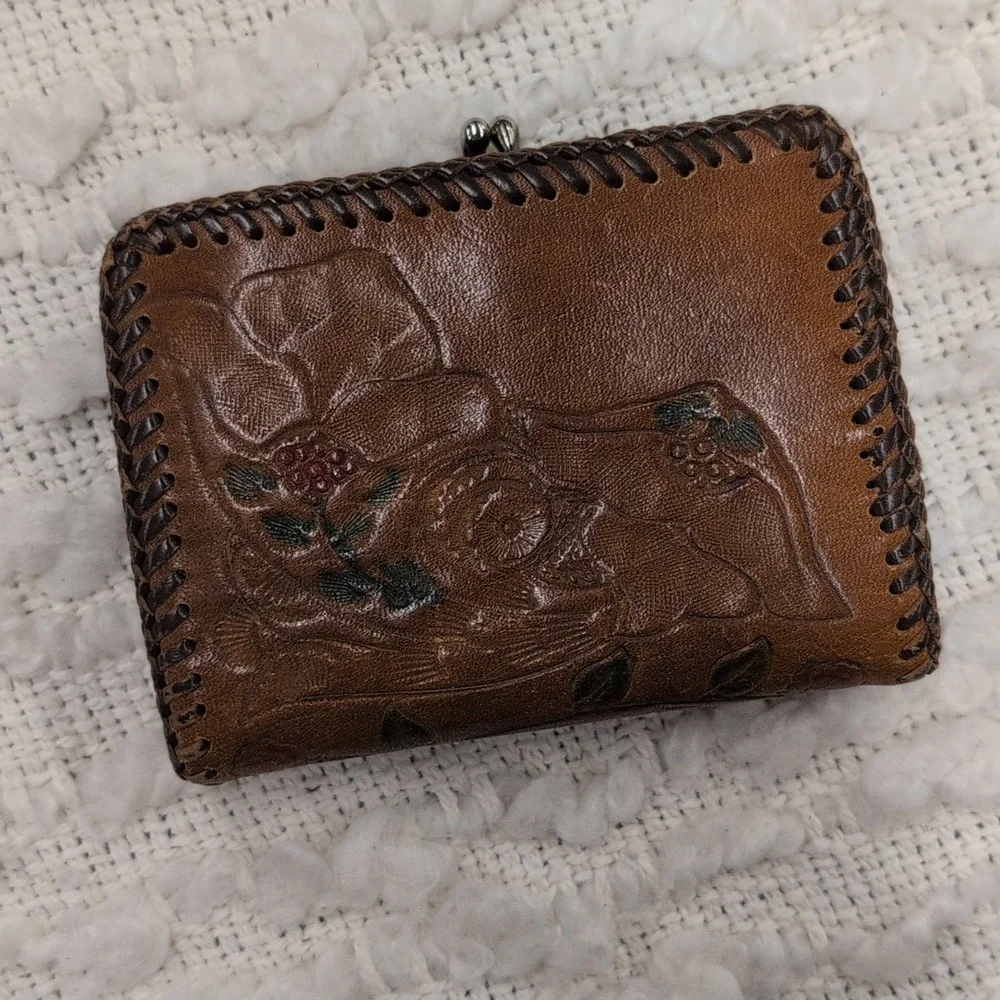 Vintage Leather Tooled Coin Purse 60s Retro Artisan Craft Handmade Wallet